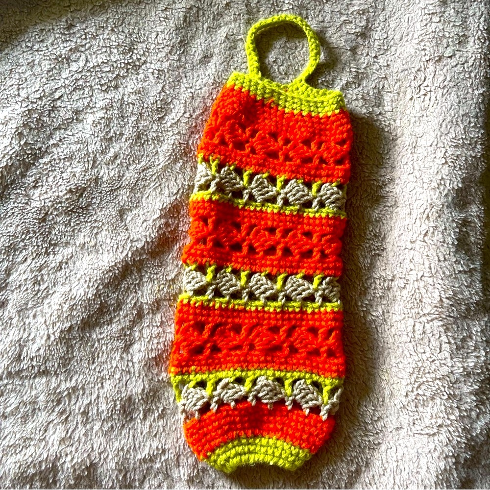 Handcrafted Orange and Green Crochet plastic Bag Holder